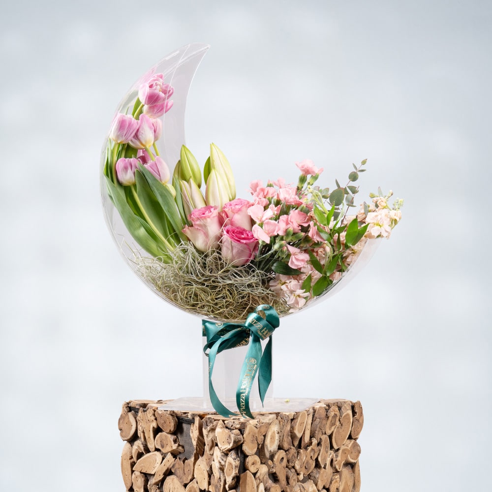 12 Moonlit Bloom: Pink Tulips, Roses & Lilies Elegance in Acrylic Moon