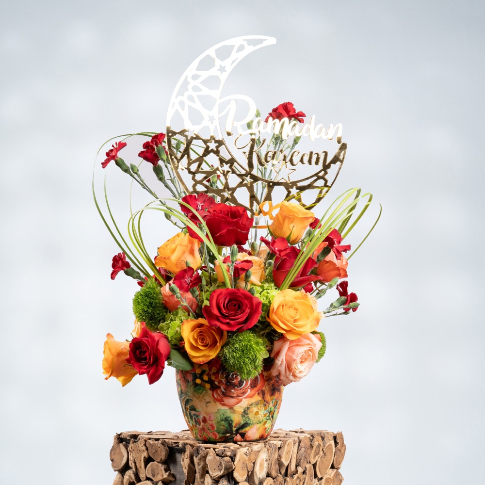 14 Passion & Harmony: Red, Peach & Orange Roses in 60CM Pot