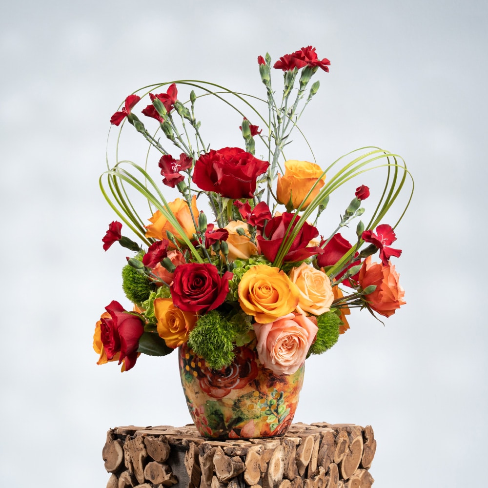 15 Red Roses, Red Carnation, Green Carnation, Orange Roses & Peach Roses in Pattern Designer Pot – 60cm