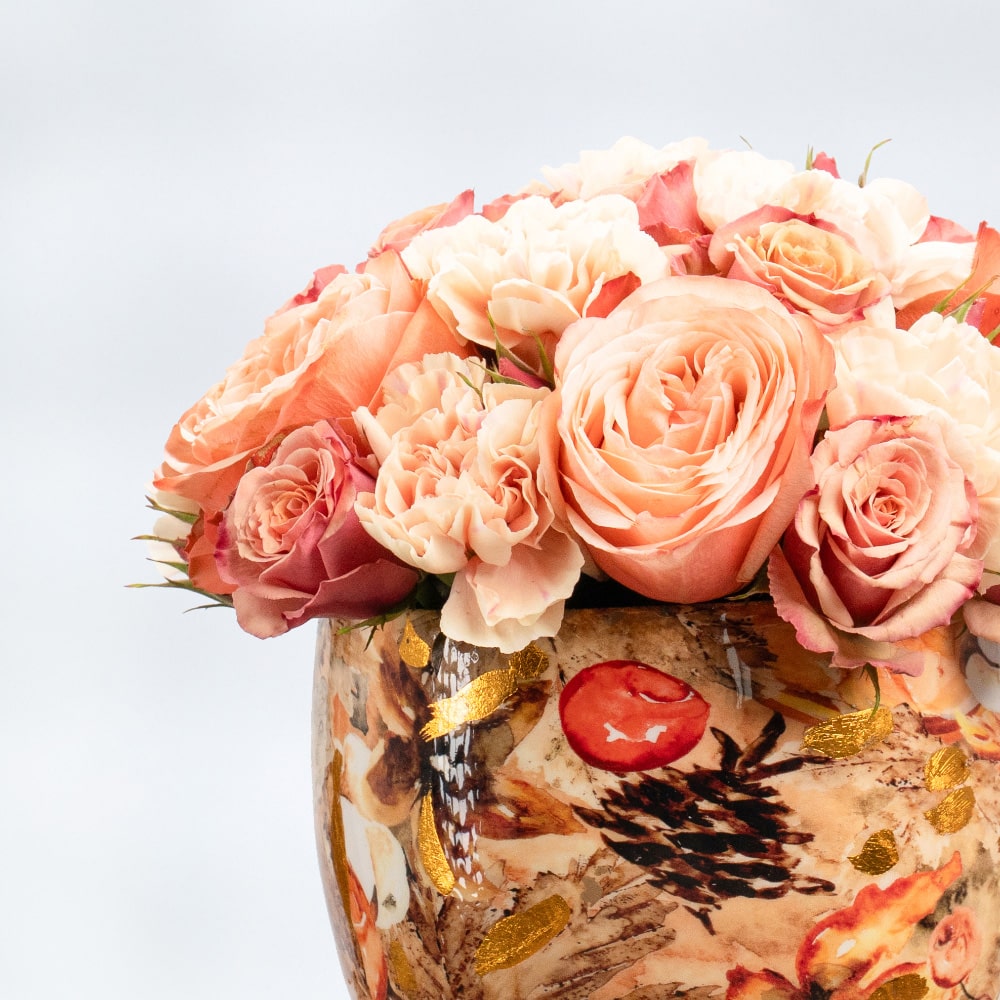 17.2 Elegant Peach Roses, Peach Carnation, and Peach Spray Roses in a Metal Pot - 20CM