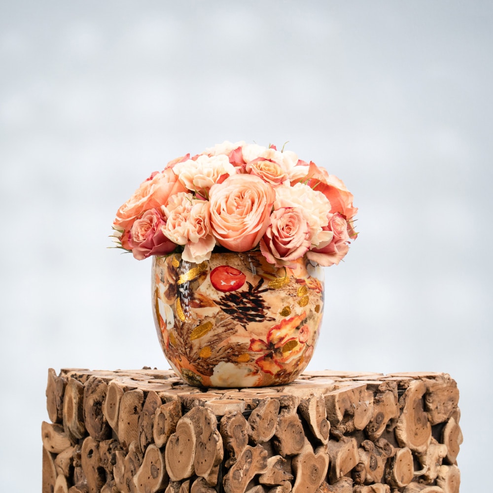 17 Elegant Peach Roses, Peach Carnation, and Peach Spray Roses in a Metal Pot - 20CM