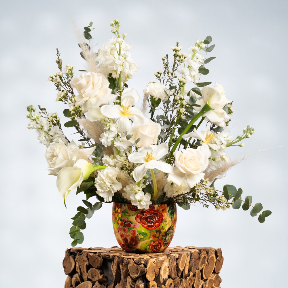 2 White Roses, white Tulips, Pampas Grass, Eucalyptus, white Carnation,white Mathiola.