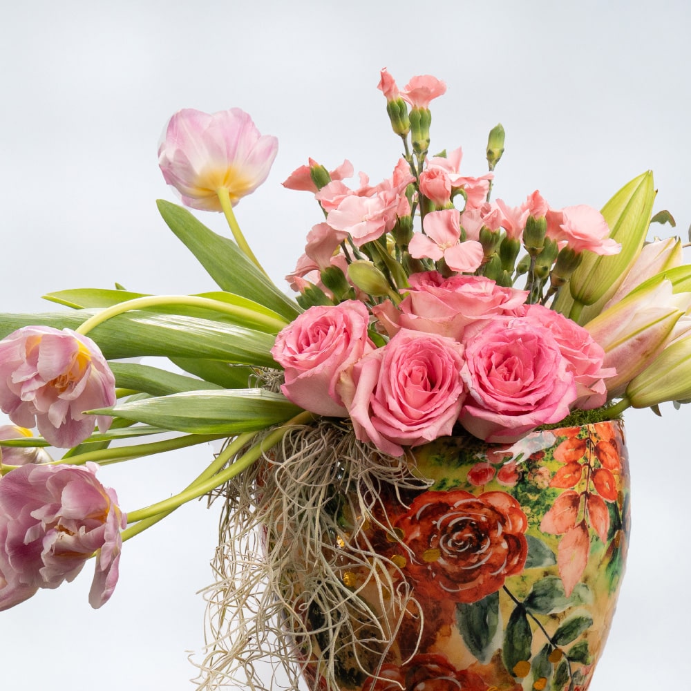 25.2 Pink Tulips, Pink Roses, Pink Mixed Flowers & Lilies in Metal Pot – 40cm