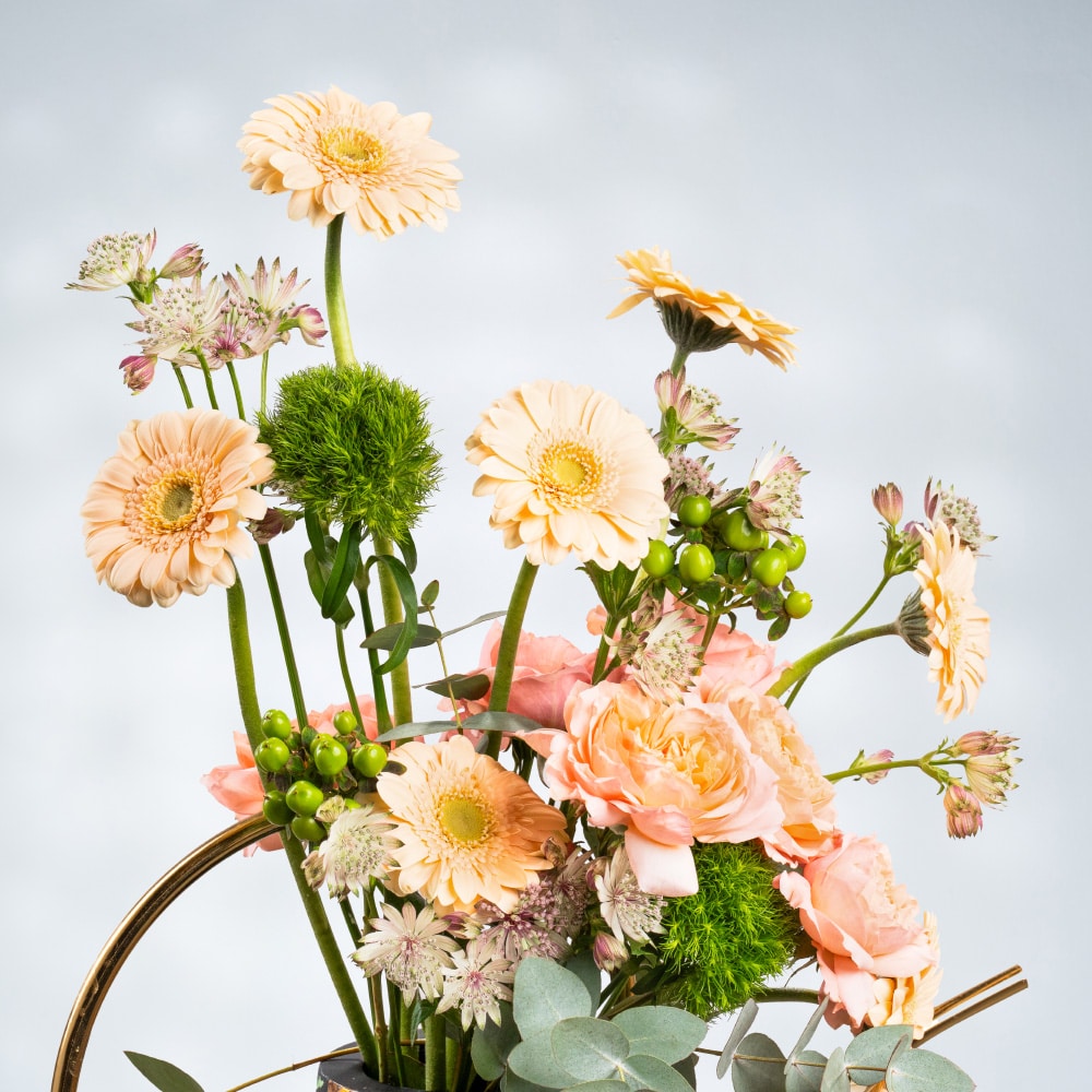 3.2 Whimsical Garden: Peach Roses, Gerbera & Carnation in Designer Pot