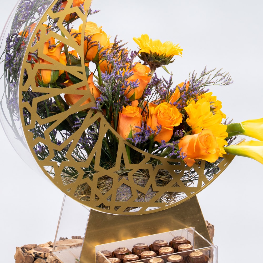 33.2 Radiant Moon with Sunflowers and Yellow Calla Lilies With Chocolate