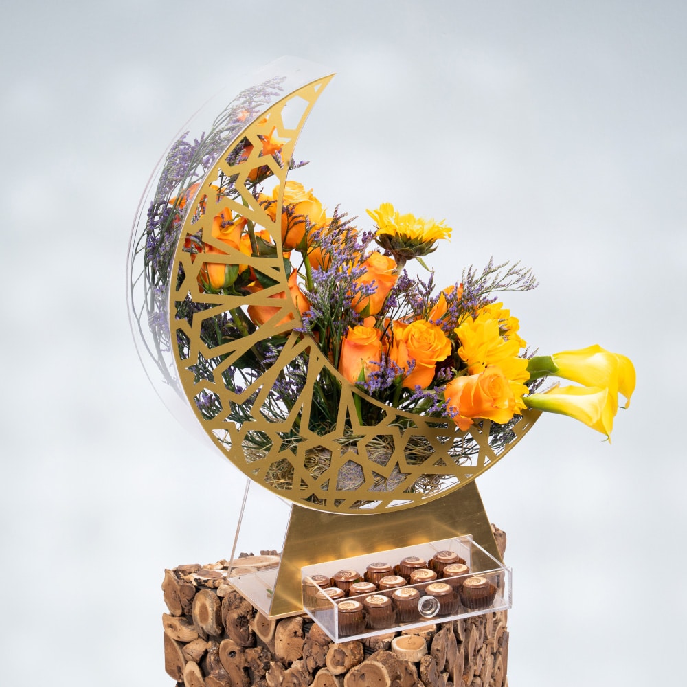 33 Radiant Moon with Sunflowers and Yellow Calla Lilies With Chocolate