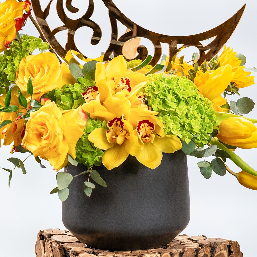 35.2 Yellow Roses, Cymbidium, Tulips & Greens in Metallic Pot – 55cm