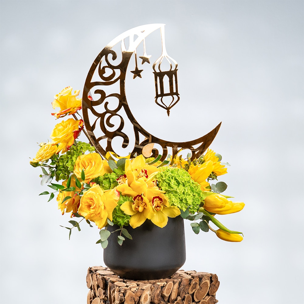 35 Yellow Roses, Cymbidium, Tulips & Greens in Metallic Pot – 55cm