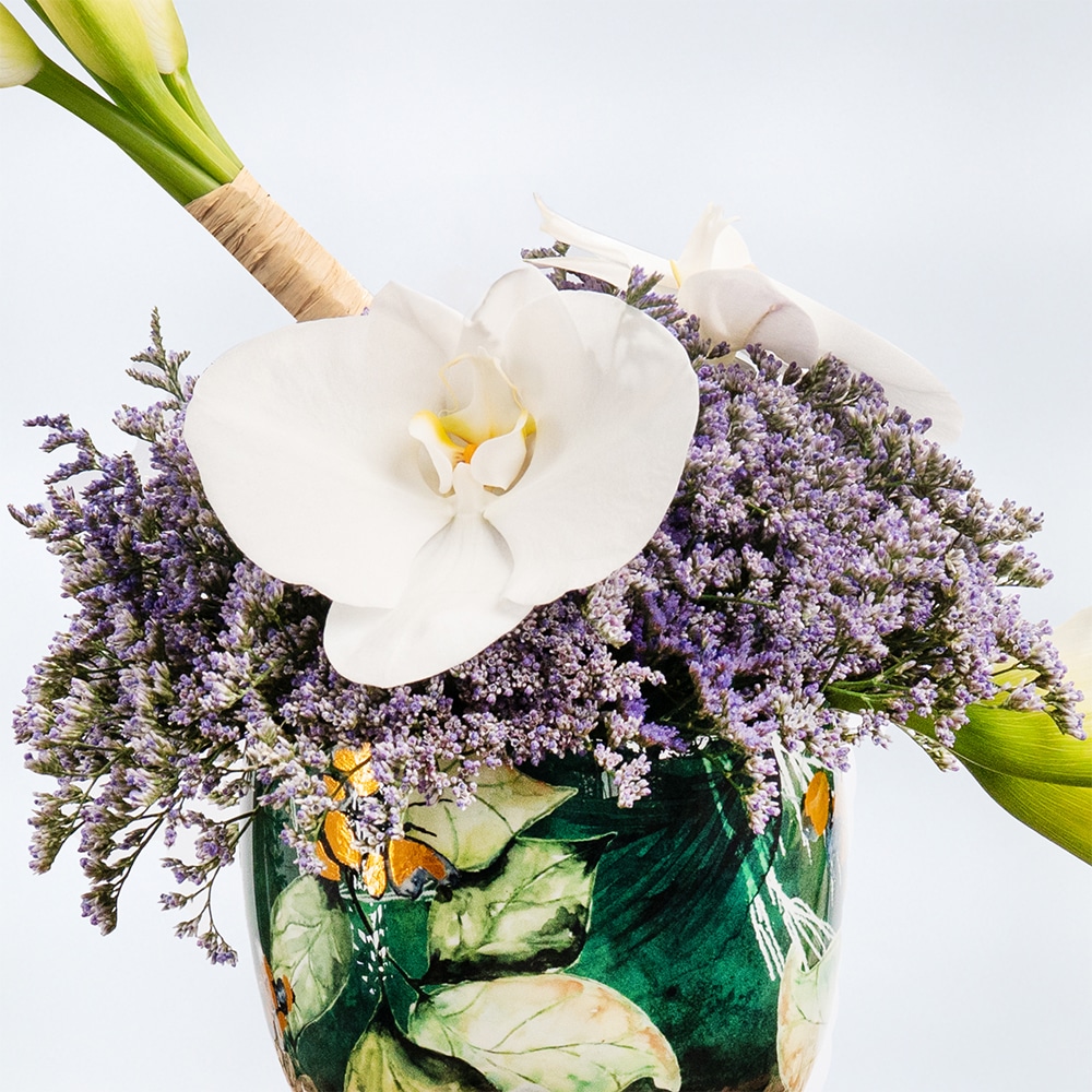 36.2 Elegant Floral Arrangement with White Calla Lilies, Limonium, White Cymbidium – 40cm