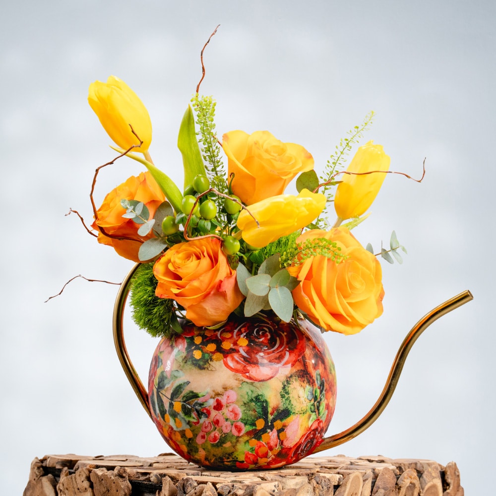 8 Yellow Roses, Yellow Tulips, Orange Roses, Green Bells & Green Hypericum in Metal Pot – 30cm