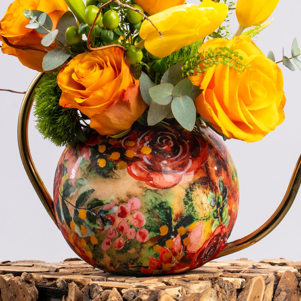 8.2 Yellow Roses, Yellow Tulips, Orange Roses, Green Bells & Green Hypericum in Metal Pot – 30cm