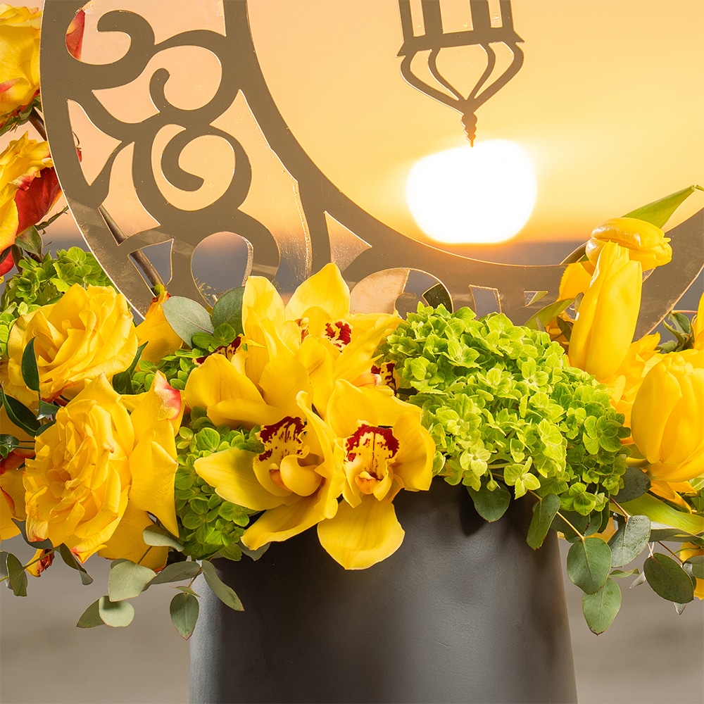 F3.3 Golden Elegance with Yellow Roses, Tulips and Cymbidium
