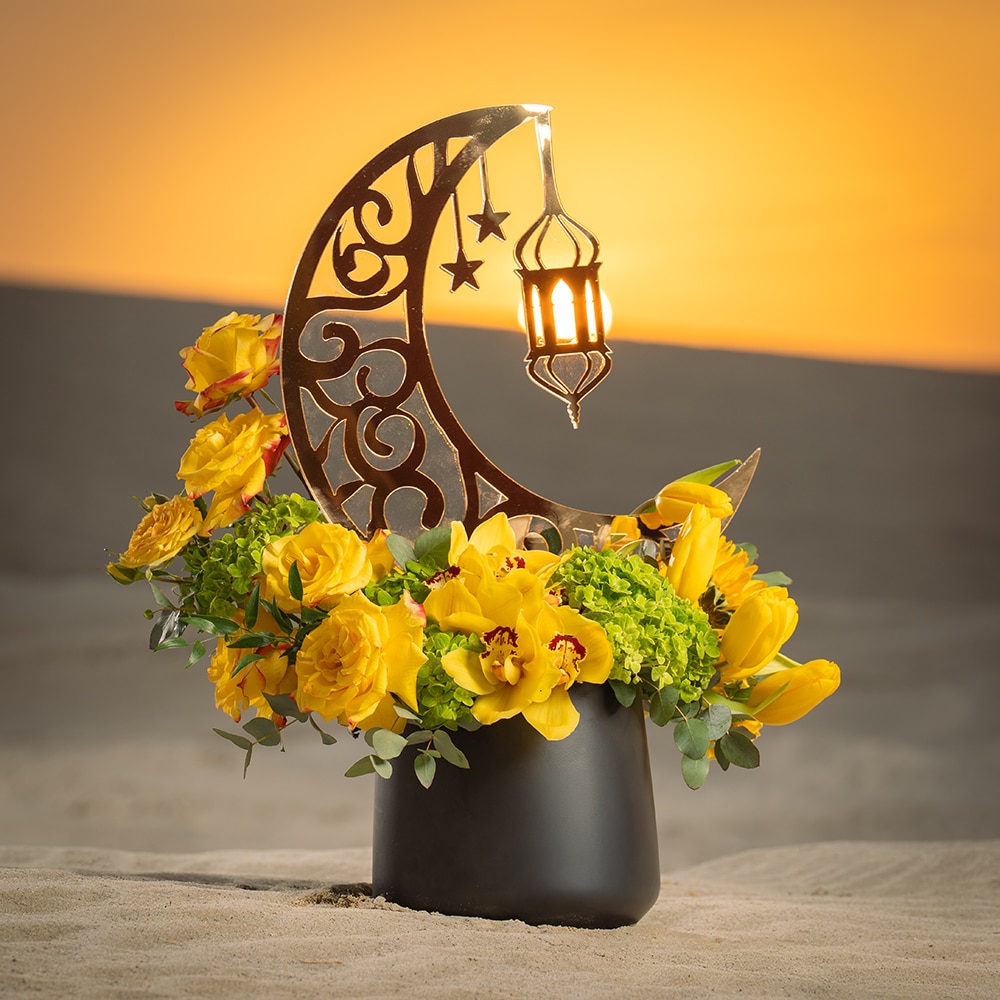 f6 Yellow Roses, Cymbidium, Tulips & Greens in Metallic Pot – 55cm