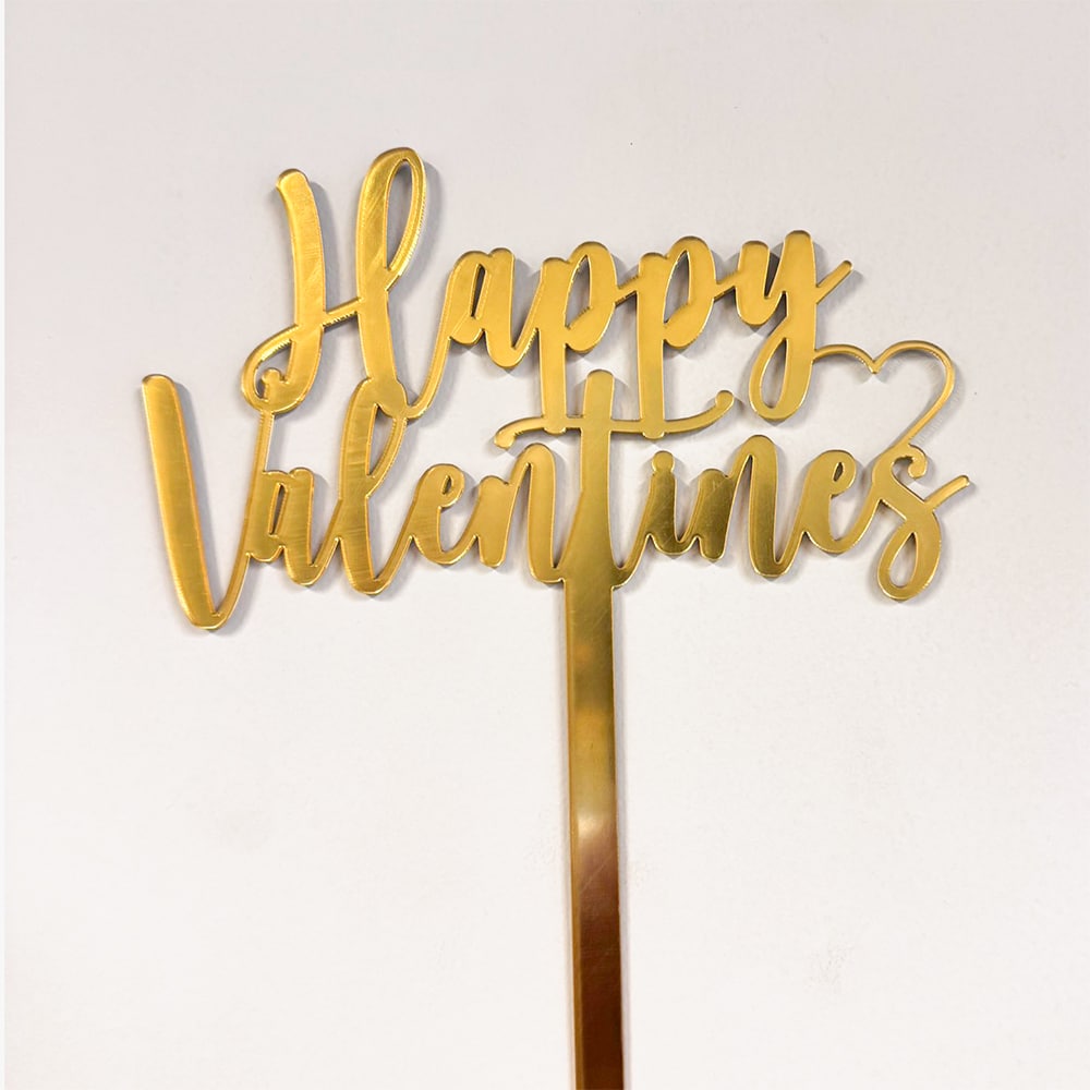 valentines badge Happy Valentine's Day Acrylic Flower & Cake Topper - Gold Mirror