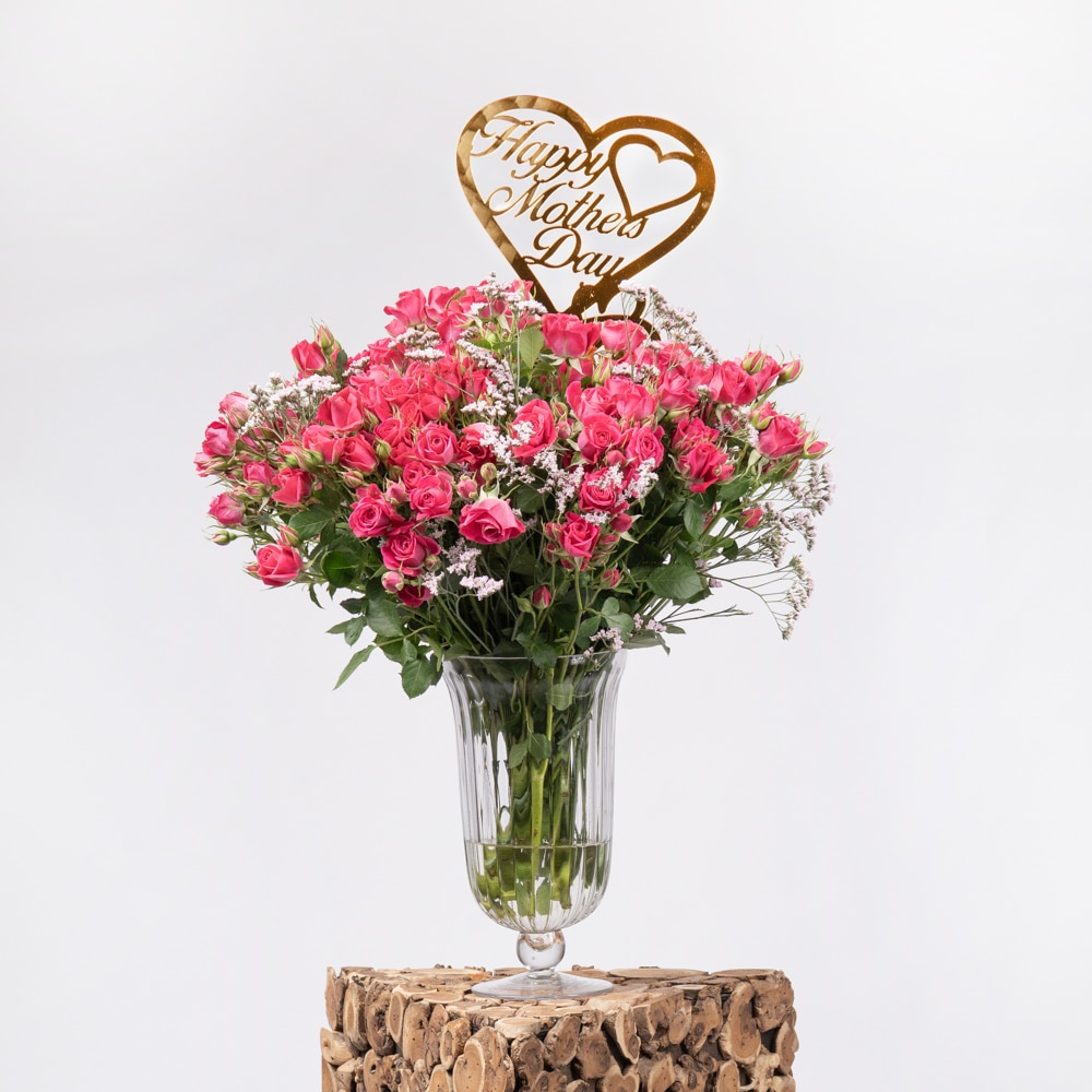 DSC04439 Limonium & Pink Baby Roses with Heart-Shaped Acrylic "Happy Mother’s Day" – 50cm