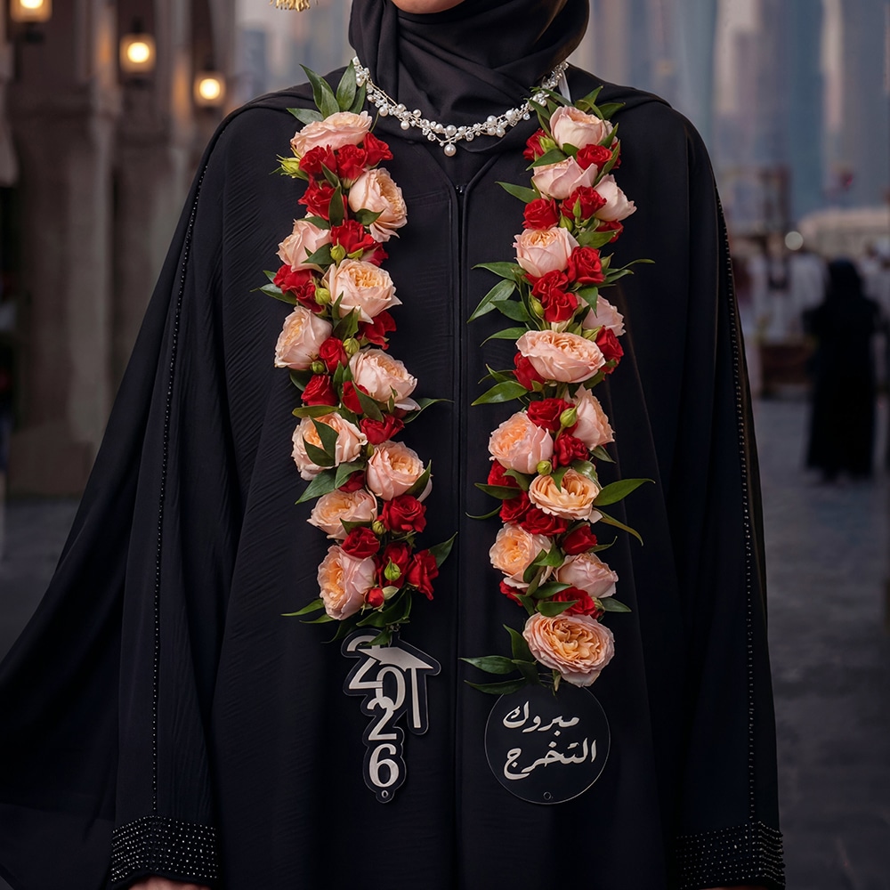 04 “Floral Honor” Graduation Garland – Peach & Red Roses