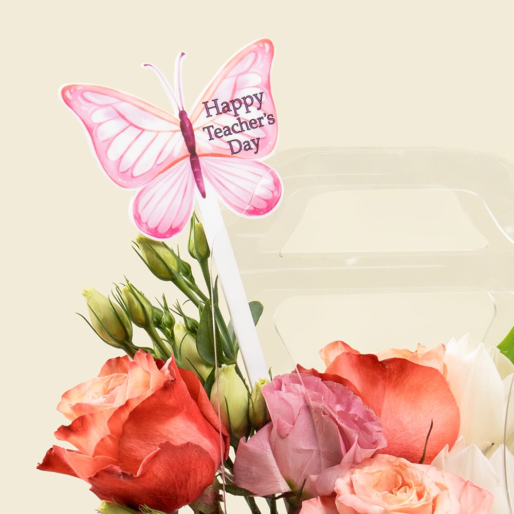 14.3 Elegant White Tulips & Orange Roses in Acrylic Handbag with Teacher’s Day Tag
