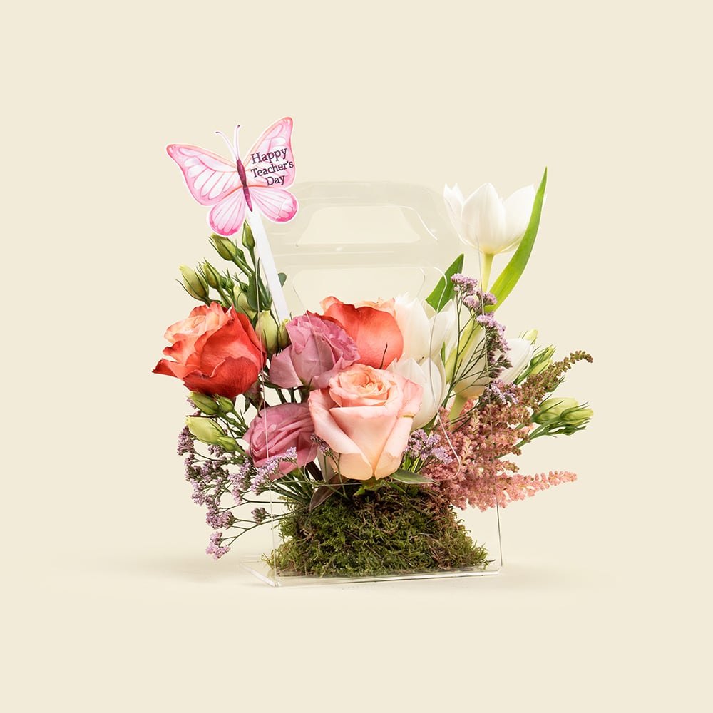 14-Tulip White Tulips, Astilbe & Orange Roses in Acrylic Handbag with Teacher’s Day Tag