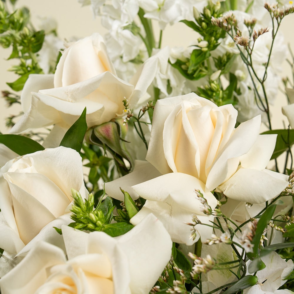 2.3 Matthiola, White Roses & Hydrangeas Bouquet (35cm) with 1Kg Praline Chocolates