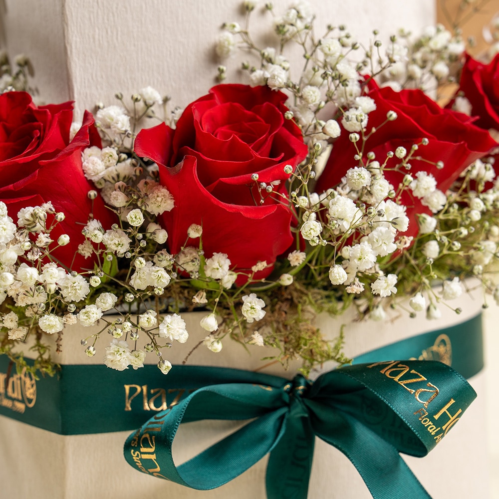 3.3 Red Roses & Baby’s Breath Bouquet (35cm) with 1Kg Praline Chocolates