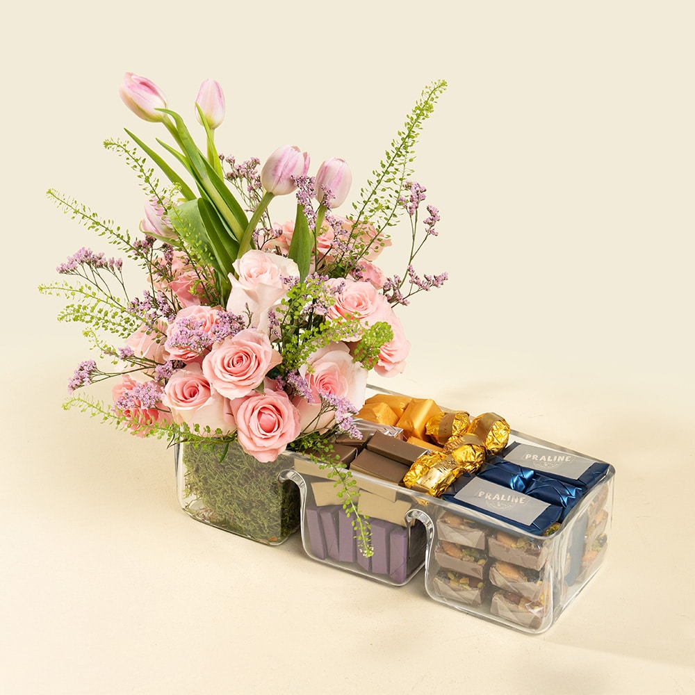 5.3 Baby Roses, Pink Roses & Tulips Bouquet (20cm) with 1Kg Praline Chocolates