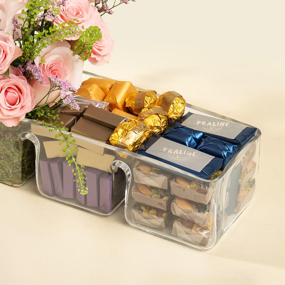 5.4 Baby Roses, Pink Roses & Tulips Bouquet (20cm) with 1Kg Praline Chocolates