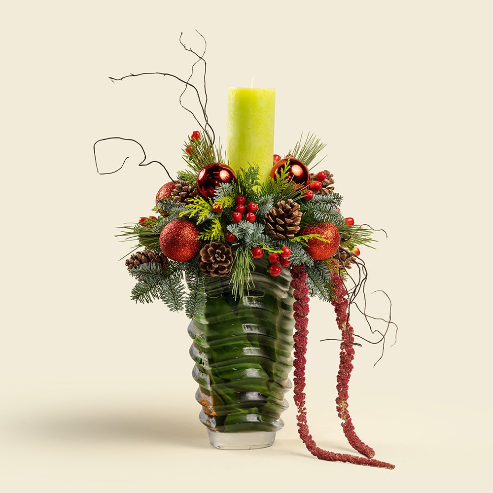 2 Christmas Candle Centerpiece in Glass Vase