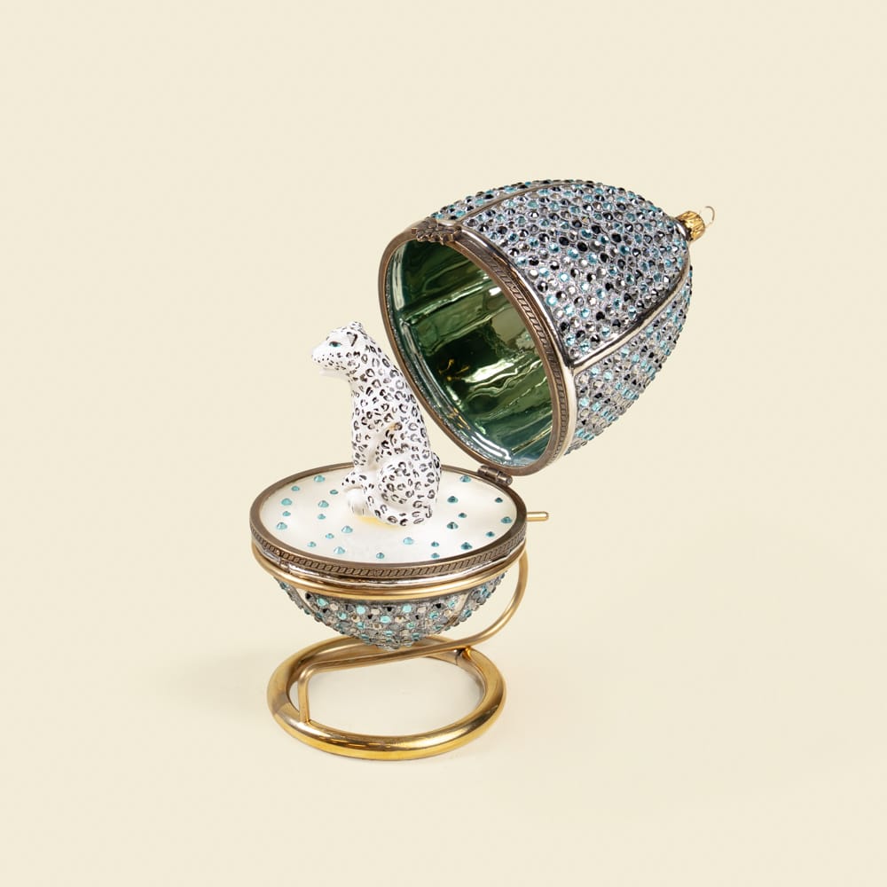 6.3 Snow Leopard Hinged Fabergé-Style Egg – Handcrafted Luxury Ornament