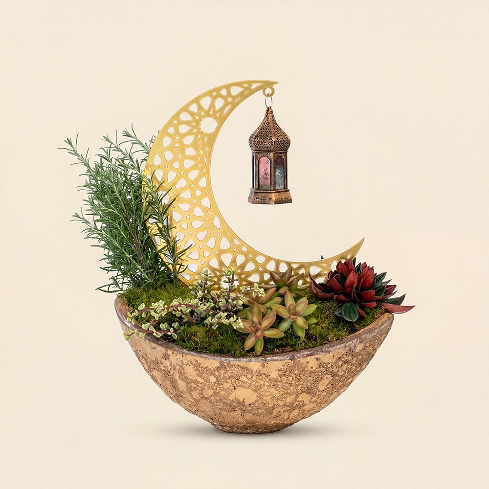 1 golden crescent planter, succulent Ramadan décor, lantern planter arrangement, Ramadan home decoration, Eid decorative planter, luxury succulent bowl, Majlis décor, modern Islamic décor, corporate Ramadan gift, festive botanical arrangement
