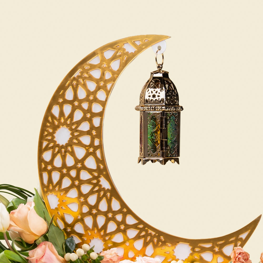 18.1-1.jpg Ramadan Golden Crescent Moon Flower Arrangement with Lantern