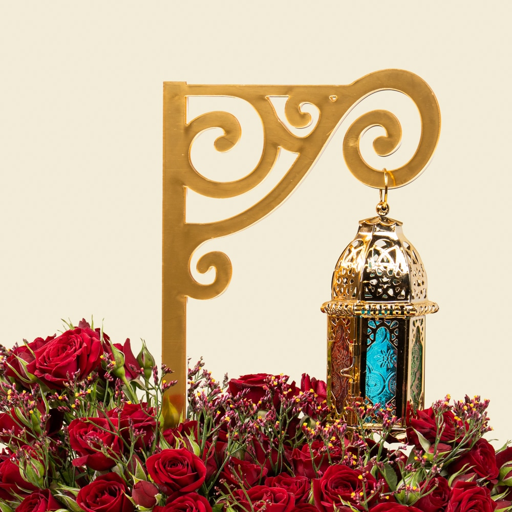 25.2-1.jpg Elegant Floral Rose & Baby Rose Crescent Arrangement with Lantern