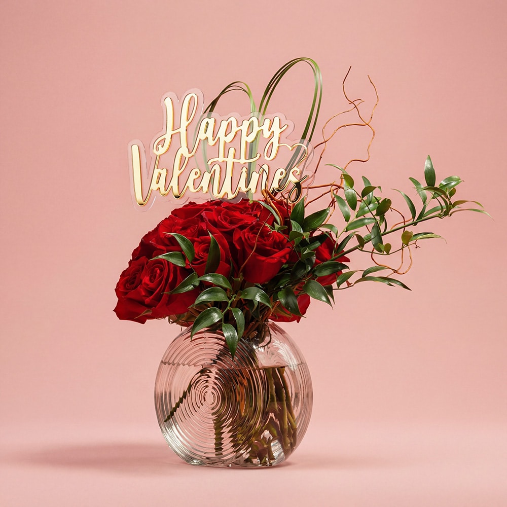36-1-1.jpg Romantic Vase Arrangement with 25 Roses, Ruscus & Salix