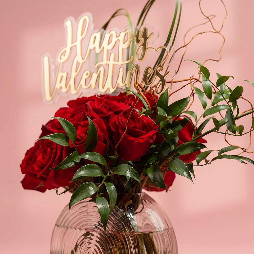 36.2-1.jpg Romantic Vase Arrangement with 25 Roses, Ruscus & Salix