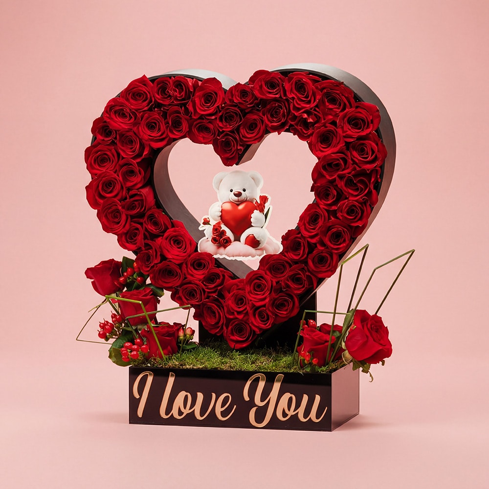 38-1-1.jpg Luxury Flower Box with Roses, Grass & Teddy Tag