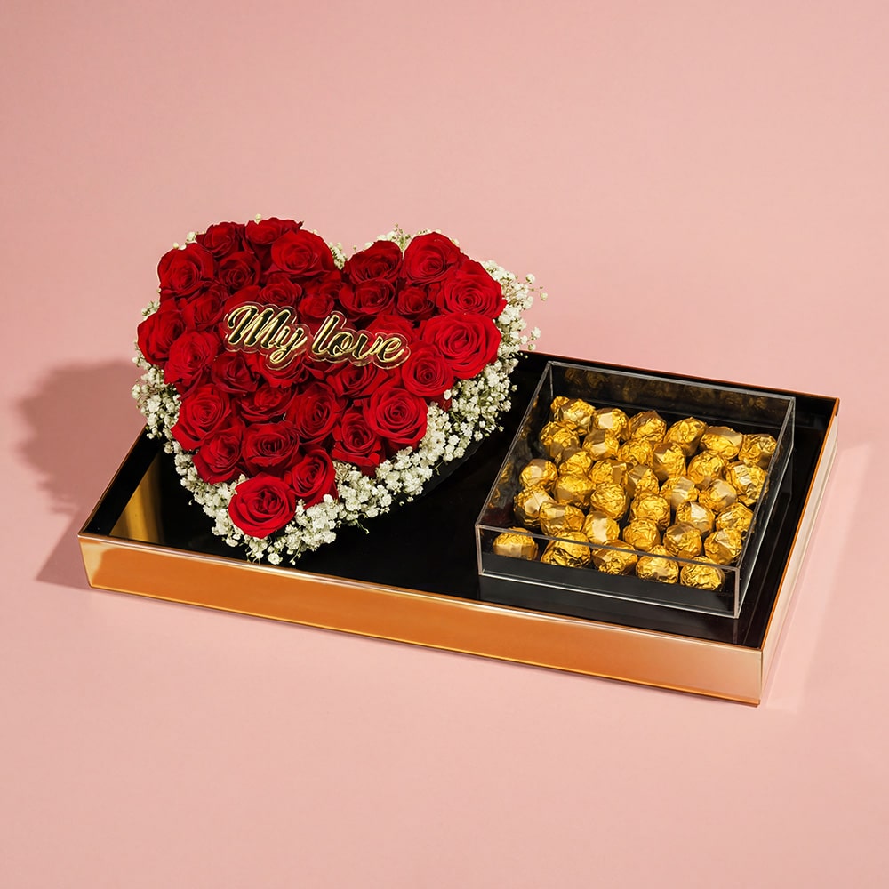 42-1-1.jpg Heart-Shaped Arrangement with Roses & Chocolate