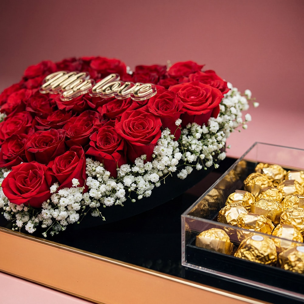 42.2-1.jpg Heart-Shaped Arrangement with Roses & Chocolate