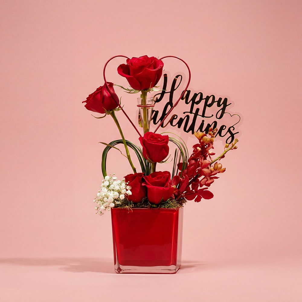 46-1-1.jpg Valentine’s Heart Frame Vase with Roses, Mokara & Gypsophila
