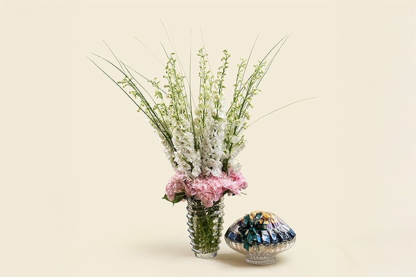 6 White Delphinium Pink Hydrangea Chocolate Glass Vase Arrangement 60cm