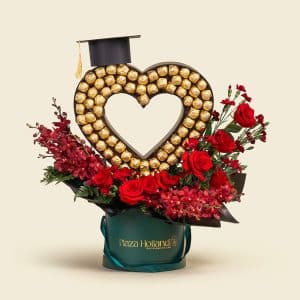 Luxury Graduation Heart Chocolate & Red Rose Arrangement in Plaza Hollandi Box