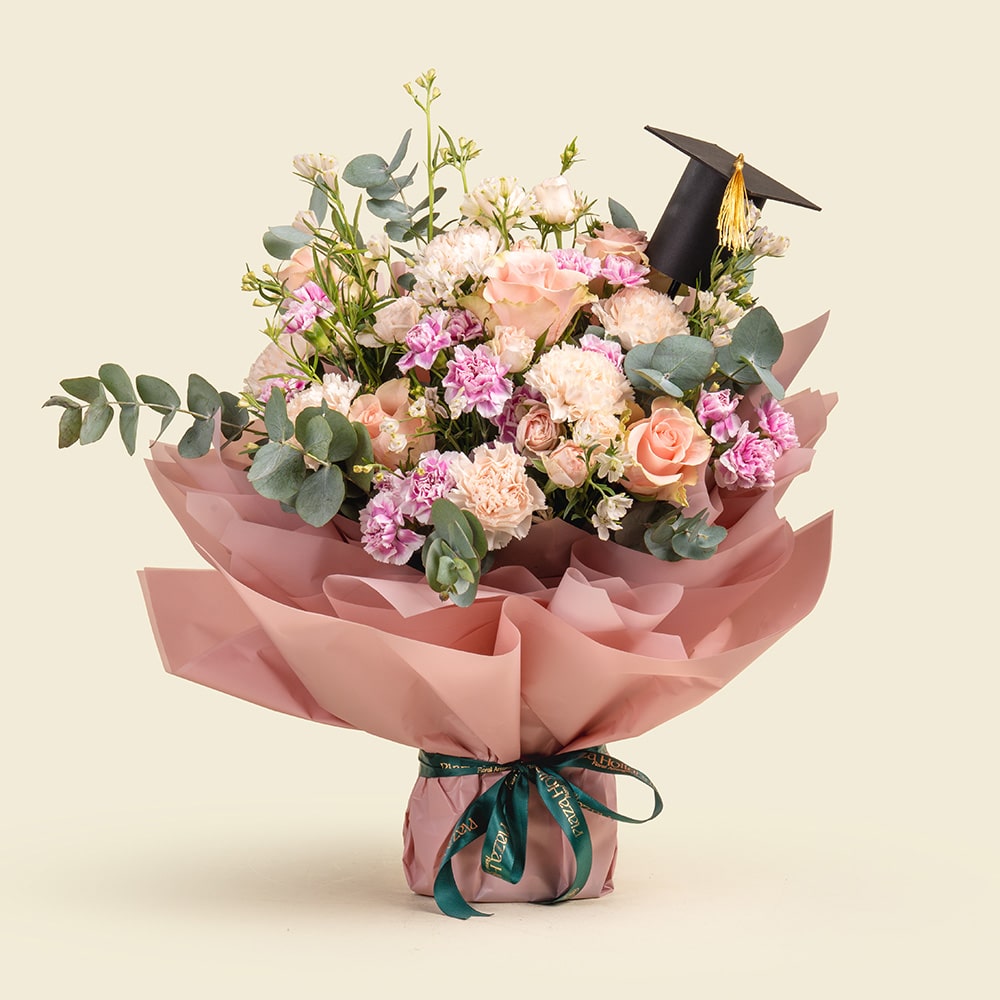 6 Graduation Flower Arrangement with Hat, Figure or Acrylic Options
