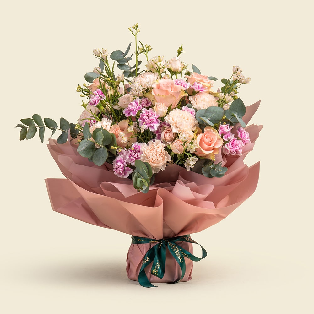 8 Soft Pink Floral Arrangement with Roses, Carnations & Delphinium